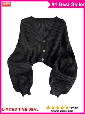 Plus Size Cropped Cardigan Button Down V Neck Rib Knit Sweater